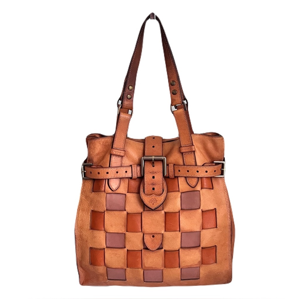 Vintage Mulberry Tonal Cognac Brown Leather Woven ‘Elgin’ Western Tote Bag